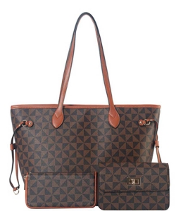 3 In1 Fashion Checkered Design Stylish Shopper Bag with Matching Clutch and Wallet Set 007-8091W BROWN